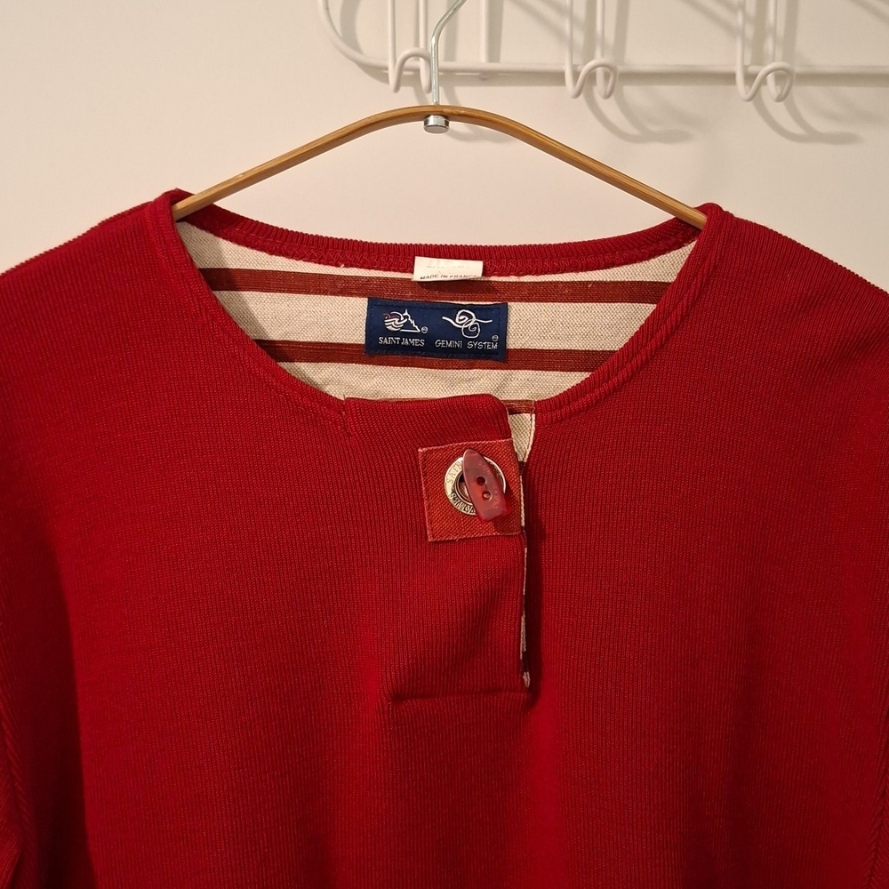 Saint James Wool & Cotton Red Sweater w/ Toggle Closure & Striped Cuffs (Size M)